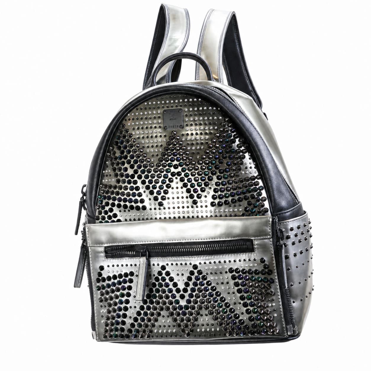 MCM Studded Crystal Silver Metallic Leather Backpack Bag Handbag Purse handbags auction on bidia.ai
