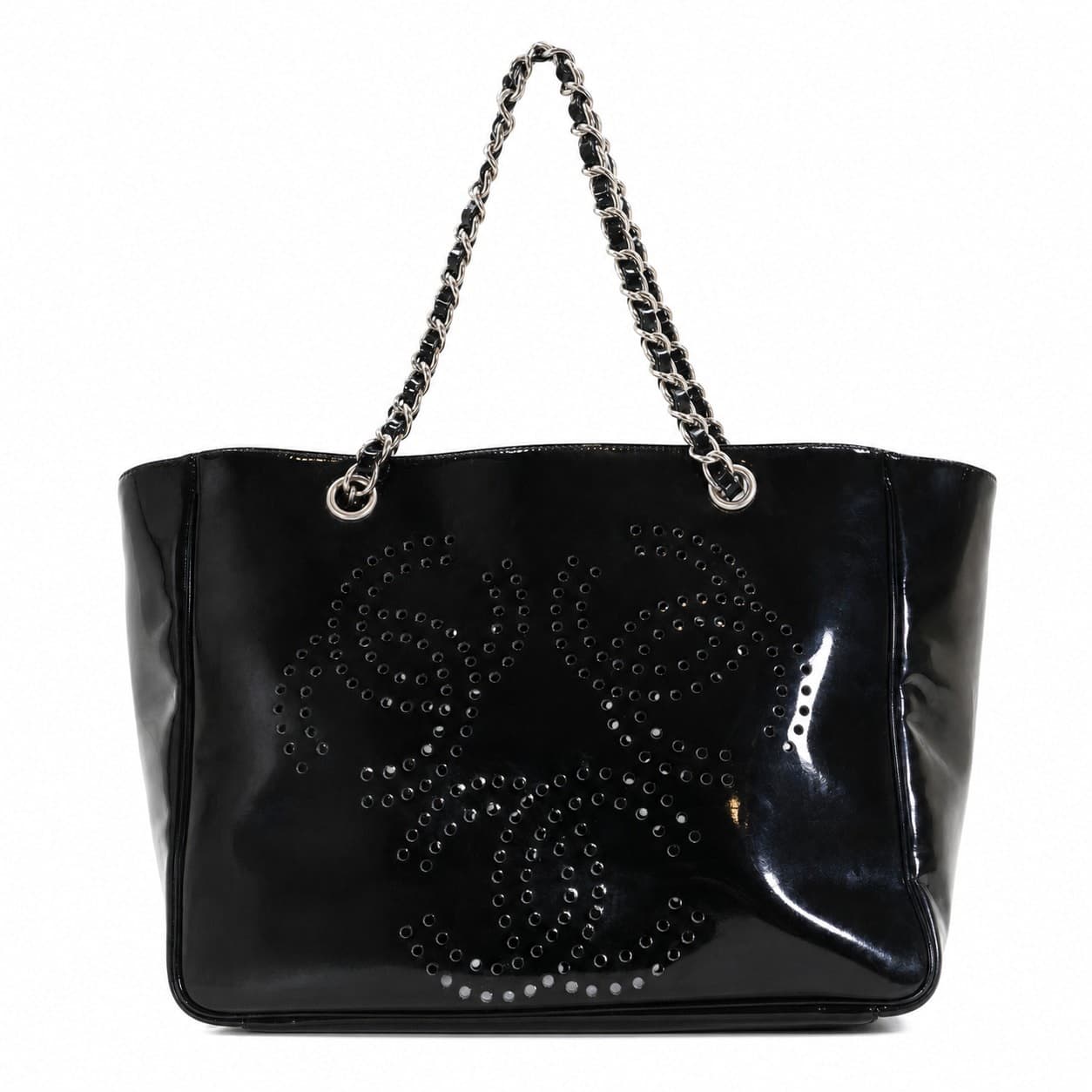 Chanel Perforated CC Logo Patent Leather Black Tote Handbag Purse Shoulder Bag handbags auction on bidia.ai