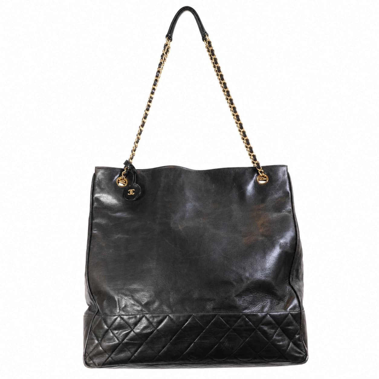 Chanel Black Leather Quilted Shoulder Tote Bag Handbag Purse Gold Chain handbags auction on bidia.ai