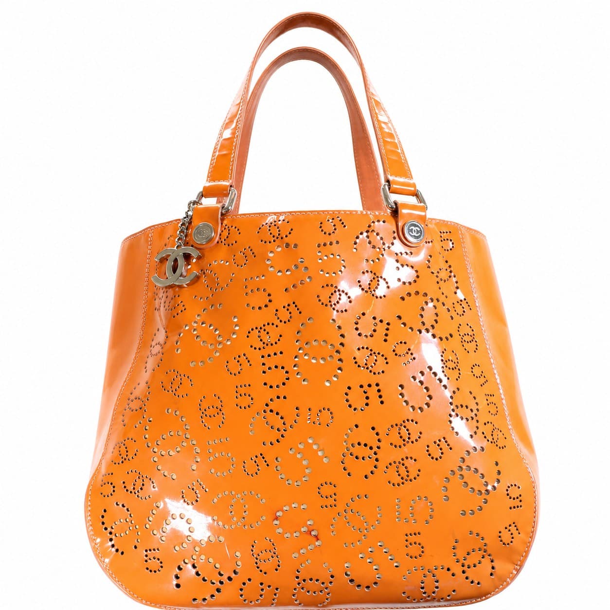 Chanel Orange Patent Leather Perforated CC Tote Handbag Purse Bag Shoulder Bag handbags auction on bidia.ai