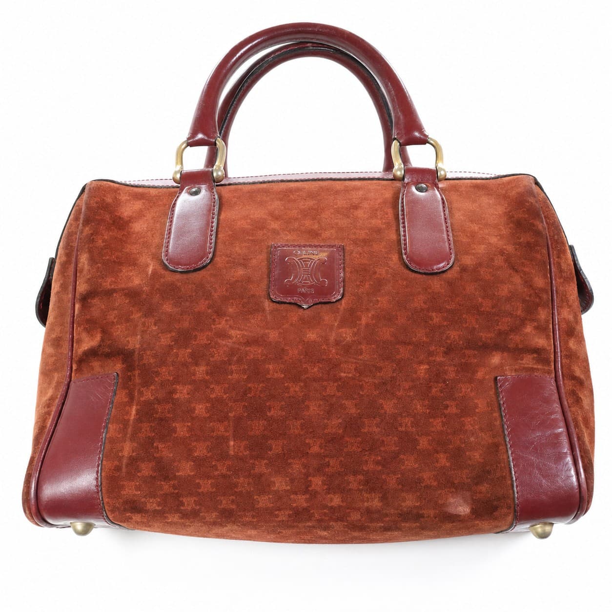 Celine Macadam Suede Leather Bowling Bag Handbag Purse Cognac Burgundy handbags auction on bidia.ai