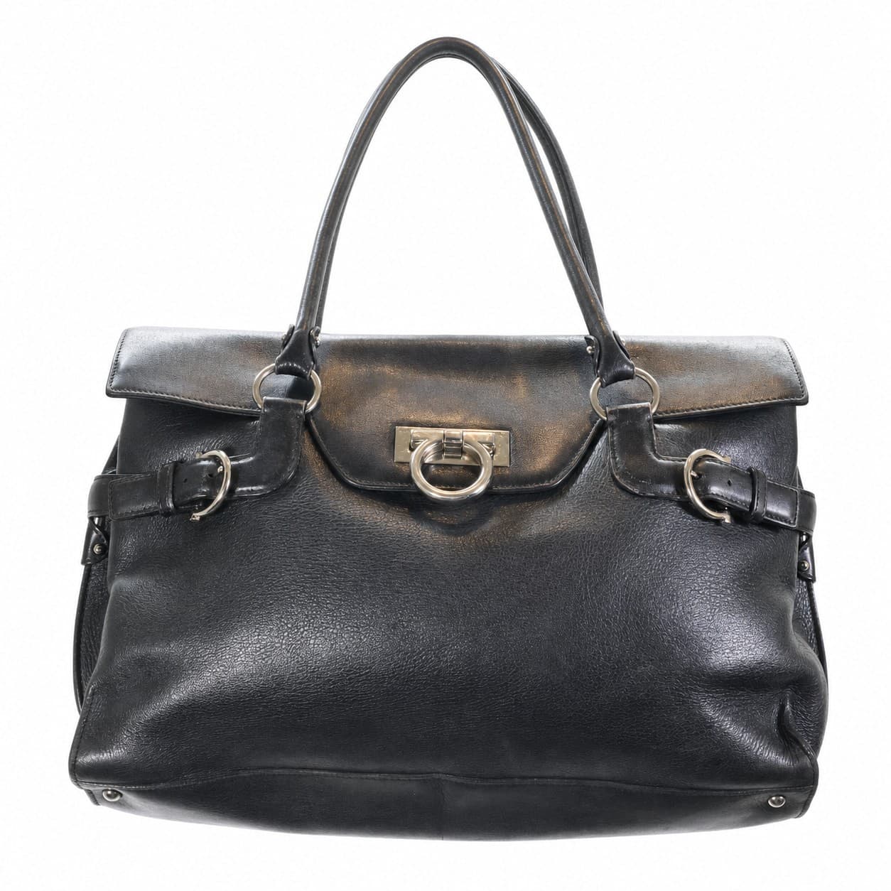 Salvatore Ferragamo Gancini Black Leather Satchel Handbag Purse Shoulder Bag handbags auction on bidia.ai