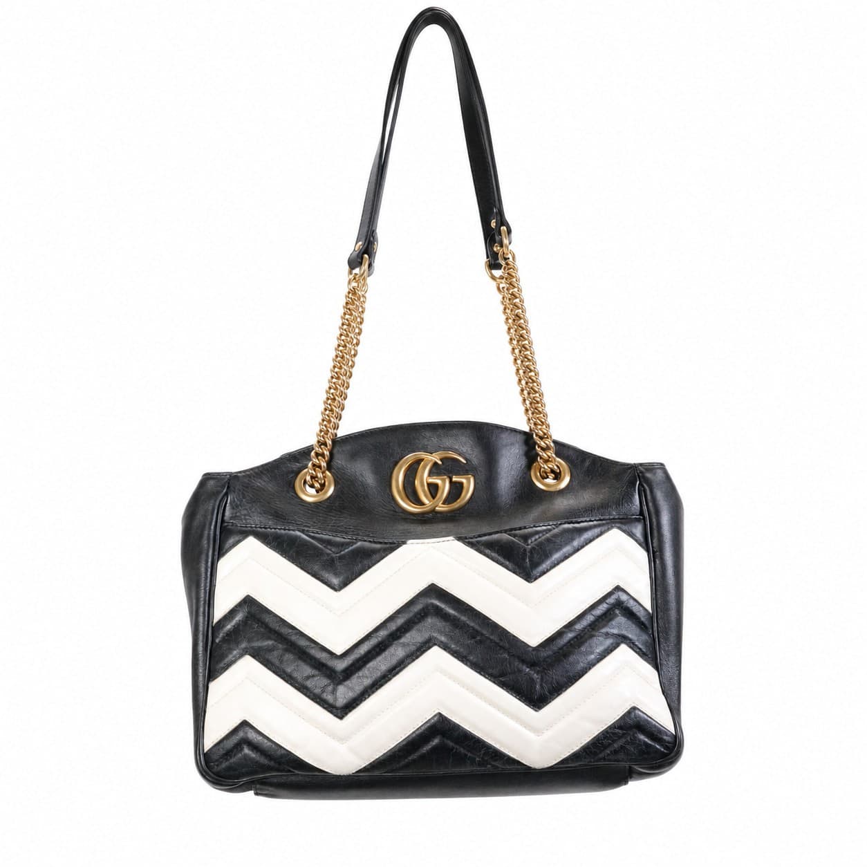 Gucci GG Marmont Matelassé Chevron Quilted Leather Shoulder Bag Handbag Purse Black White Gold handbags auction on bidia.ai