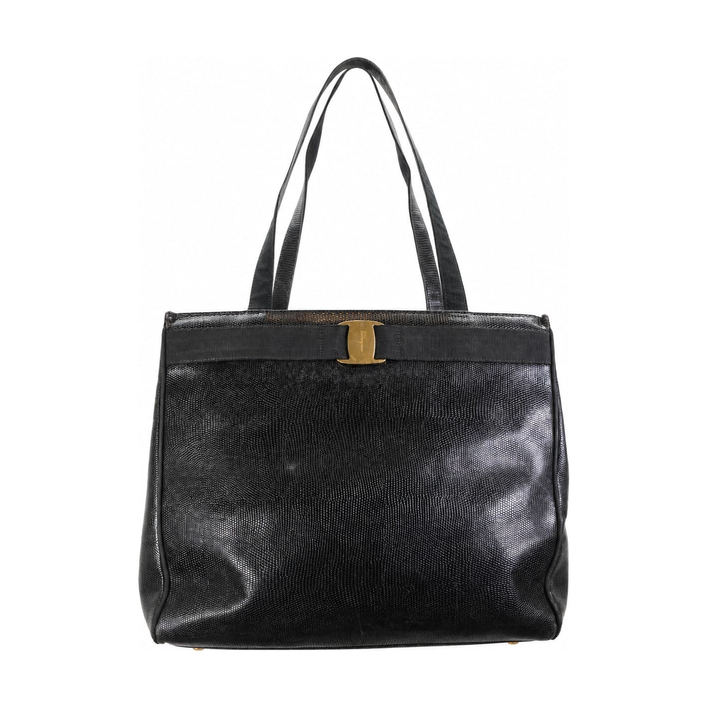 Salvatore Ferragamo Vara Bow Black Lizard Embossed Leather Tote Shoulder Bag Handbag Purse handbags auction on bidia.ai