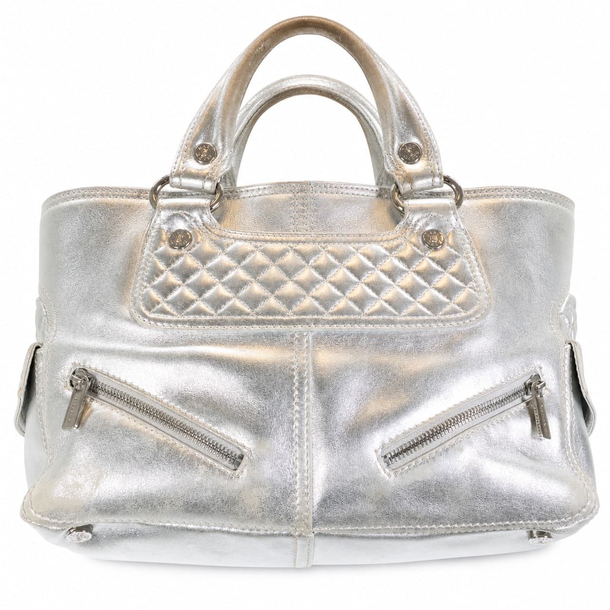 Céline Silver Metallic Leather Quilted Satchel Handbag Purse Bag Top Handle handbags auction on bidia.ai
