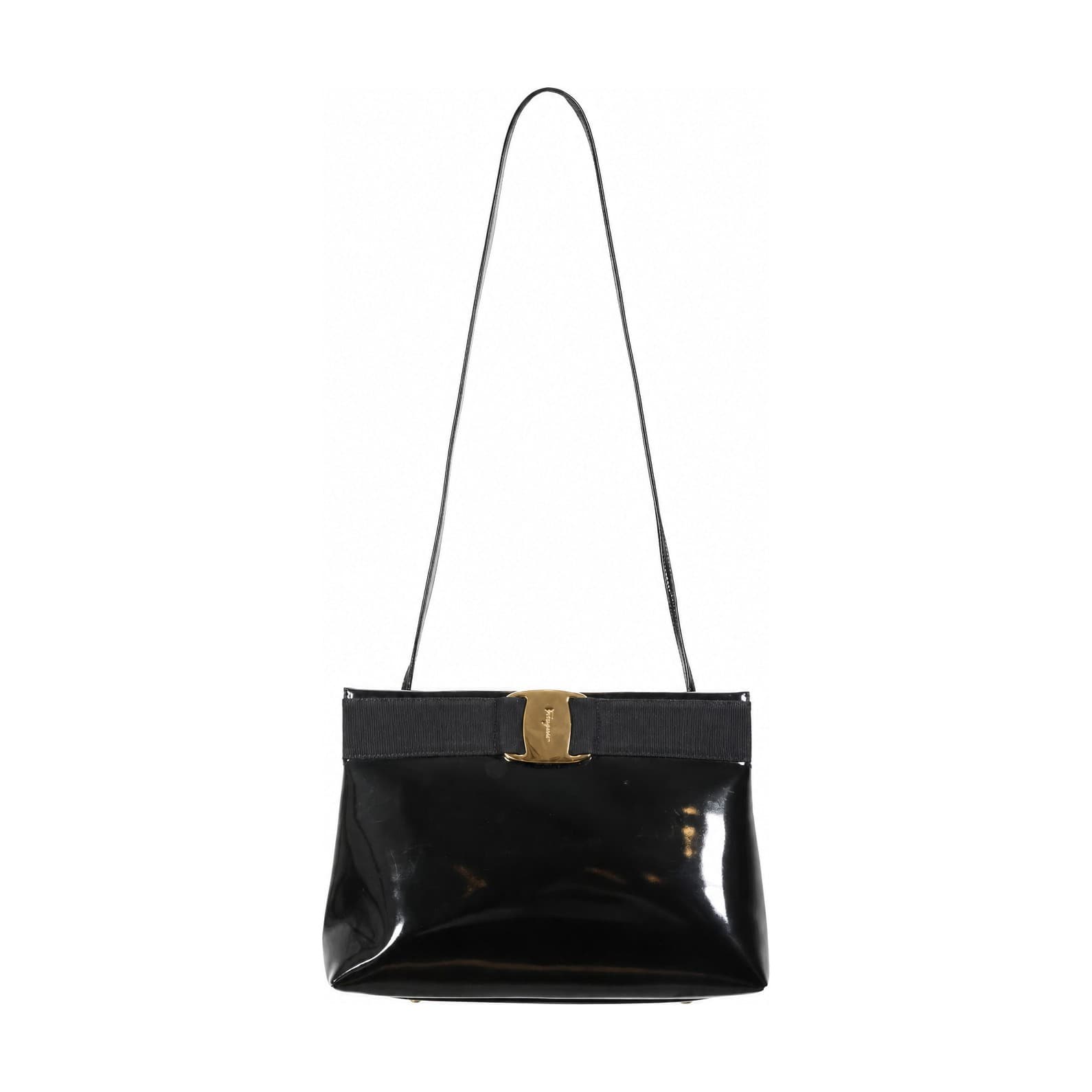 Salvatore Ferragamo Vara Black Patent Leather Shoulder Bag Crossbody Handbag Purse handbags auction on bidia.ai