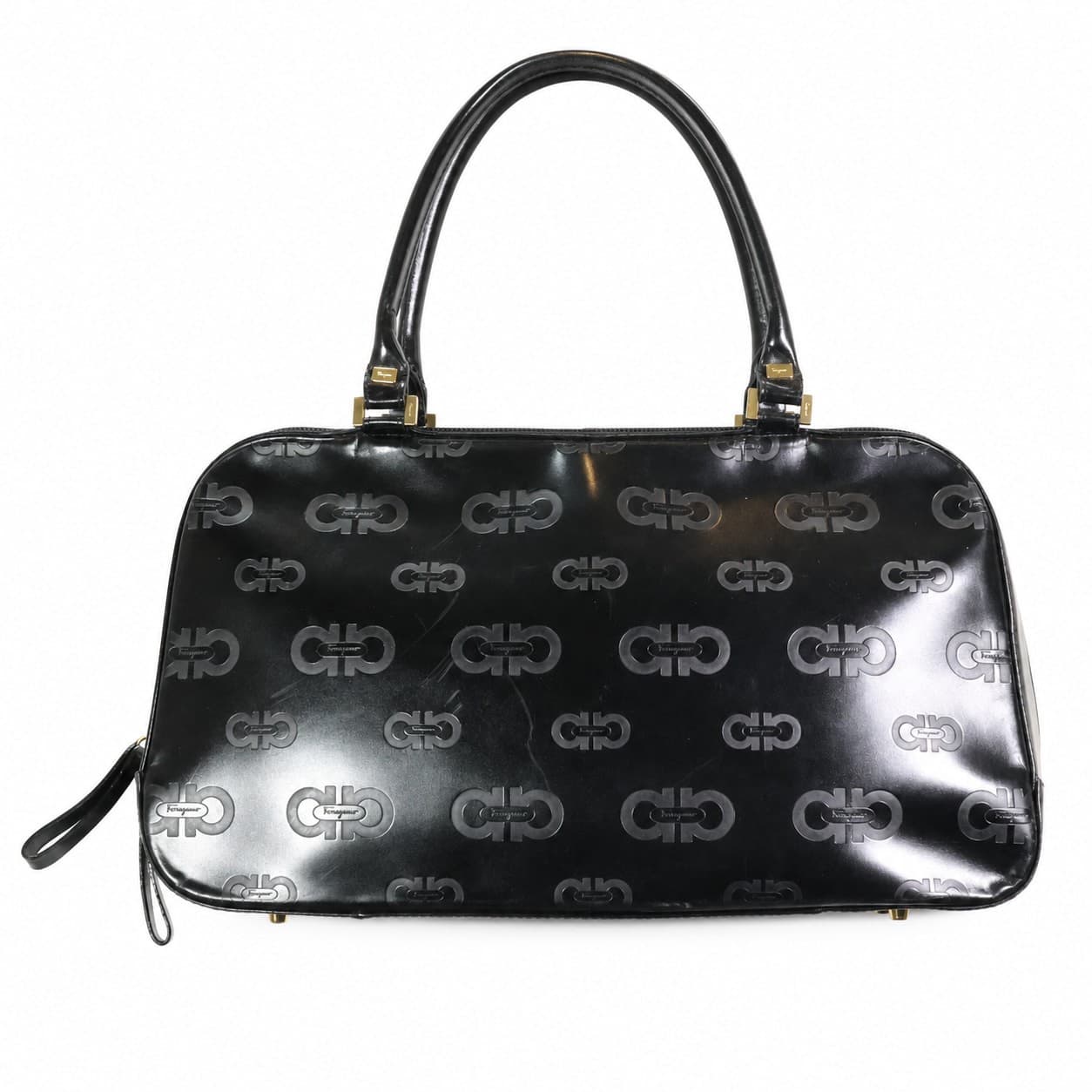 Salvatore Ferragamo Gancini Embossed Leather Satchel Handbag Purse Black Gold handbags auction on bidia.ai