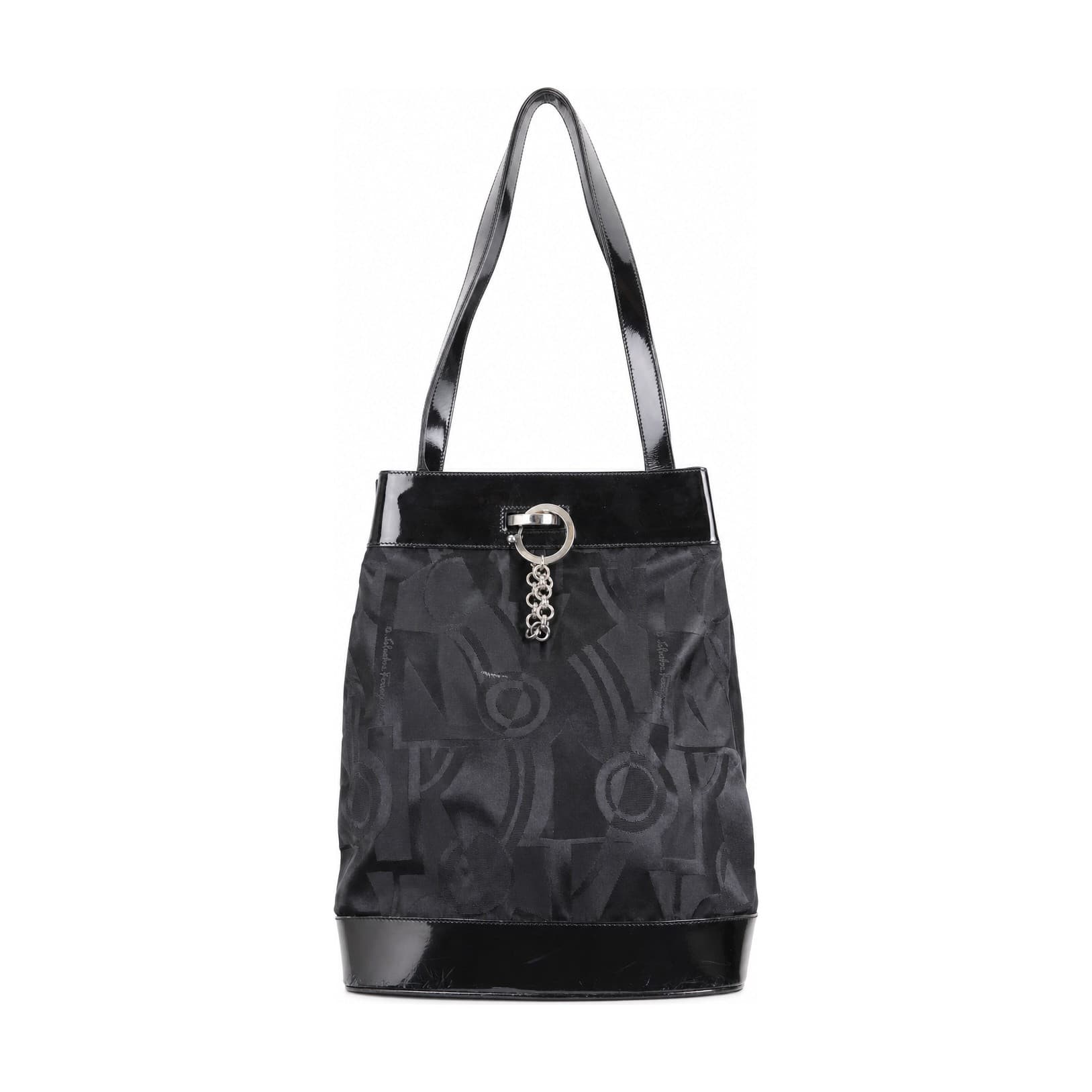 Salvatore Ferragamo Black Logo Jacquard Patent Leather Tote Shoulder Bag Handbag Purse handbags auction on bidia.ai