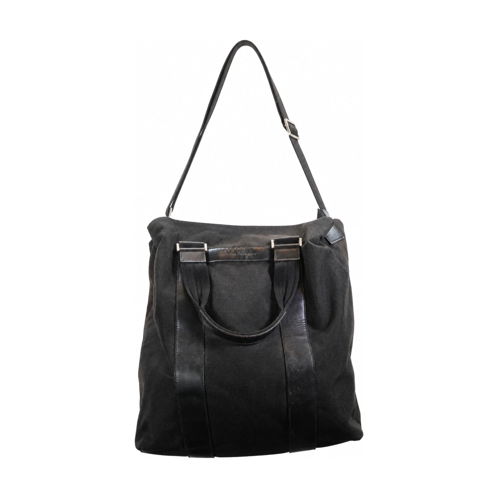 Salvatore Ferragamo Canvas Leather Tote Handbag Purse Bag Shoulder Black handbags auction on bidia.ai