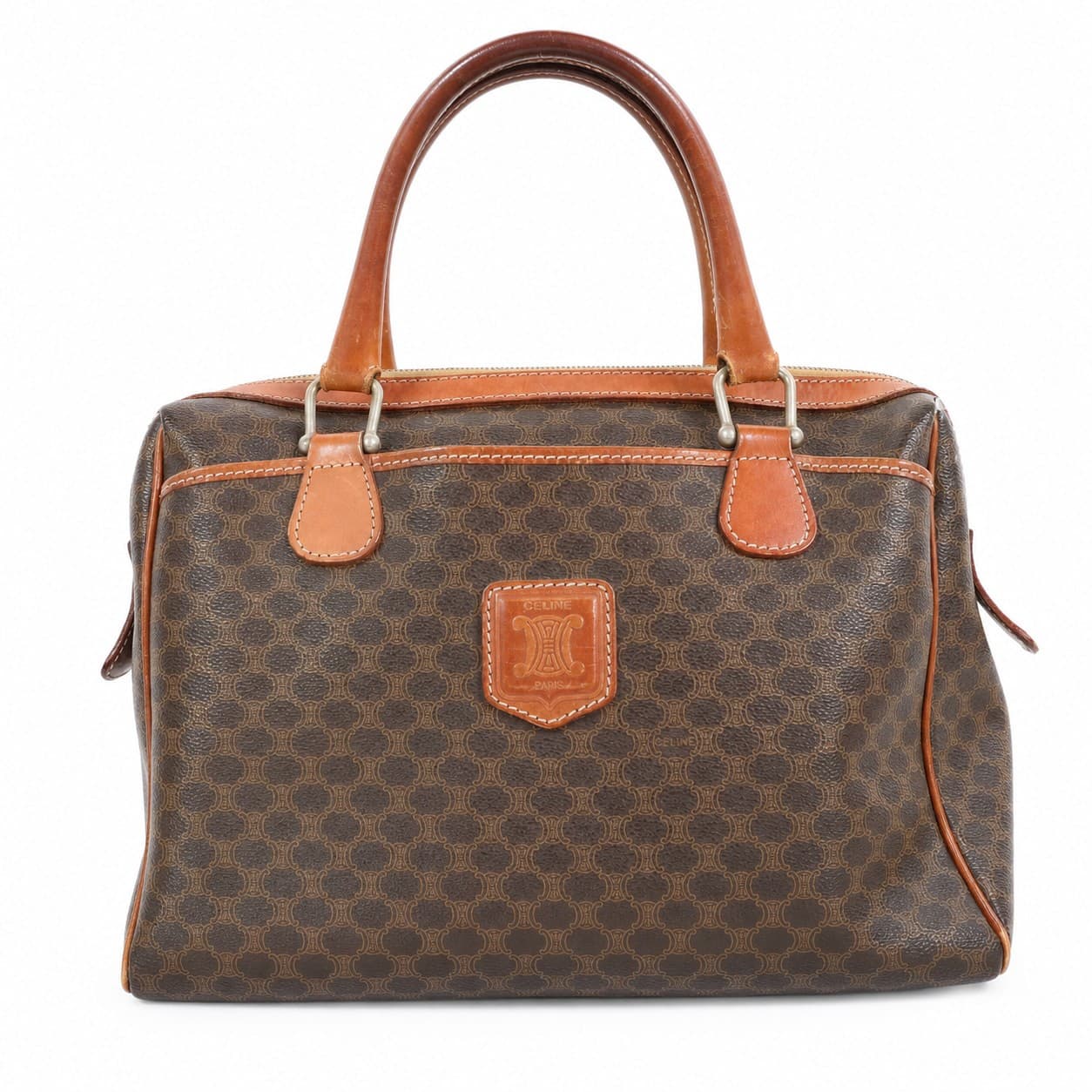 Céline Macadam Boston Bag Handbag Purse Brown Canvas Leather Top Handle handbags auction on bidia.ai