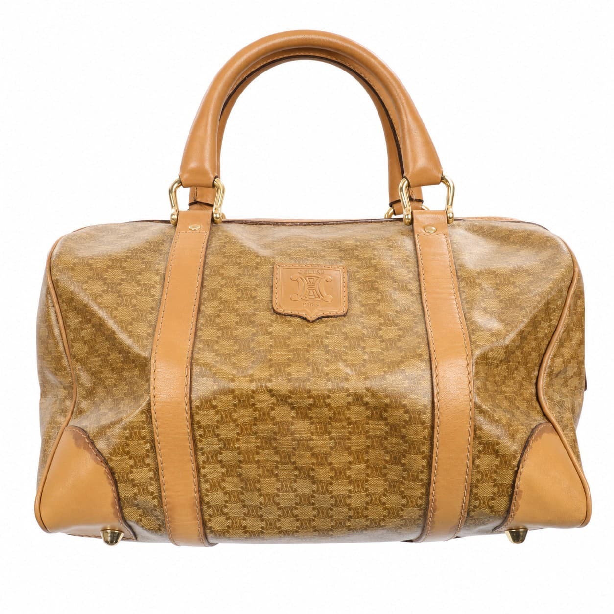 Celine Macadam Boston Bag Handbag Purse Coated Canvas Leather Tan Brown handbags auction on bidia.ai