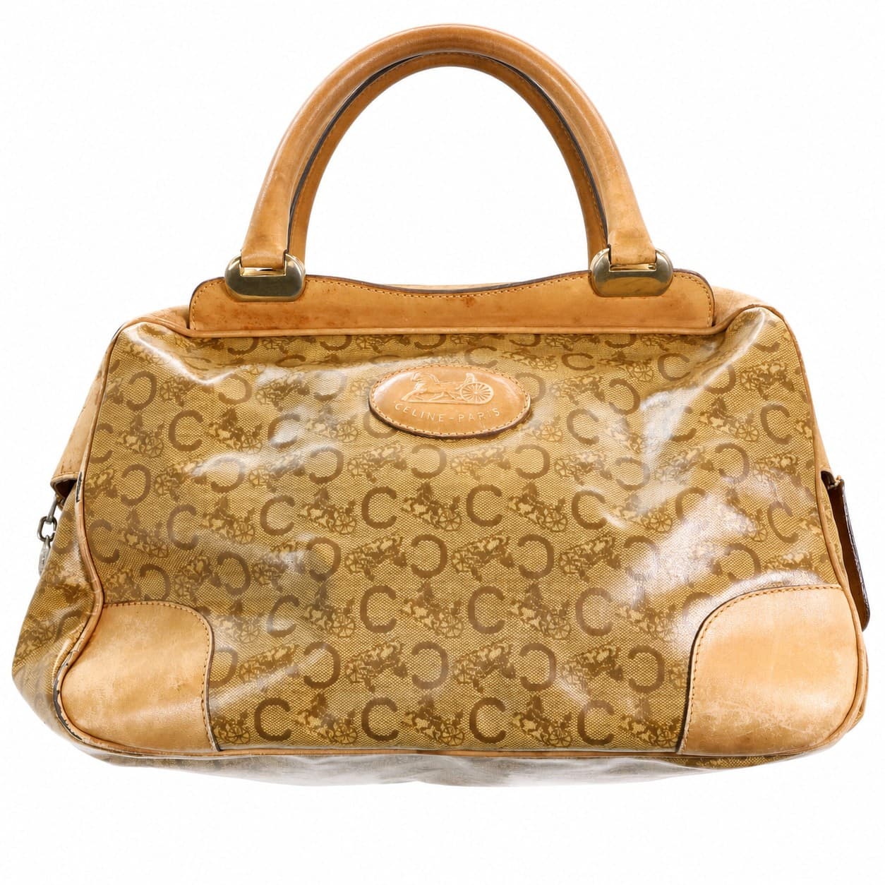 Céline Macadam Coated Canvas Leather Top Handle Boston Handbag Bag Tan Beige handbags auction on bidia.ai