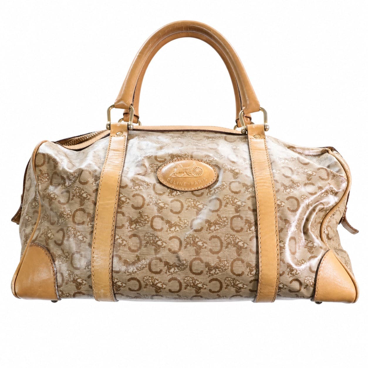 Céline Macadam Canvas Leather Boston Bag Barrel Duffle Handbag Beige handbags auction on bidia.ai