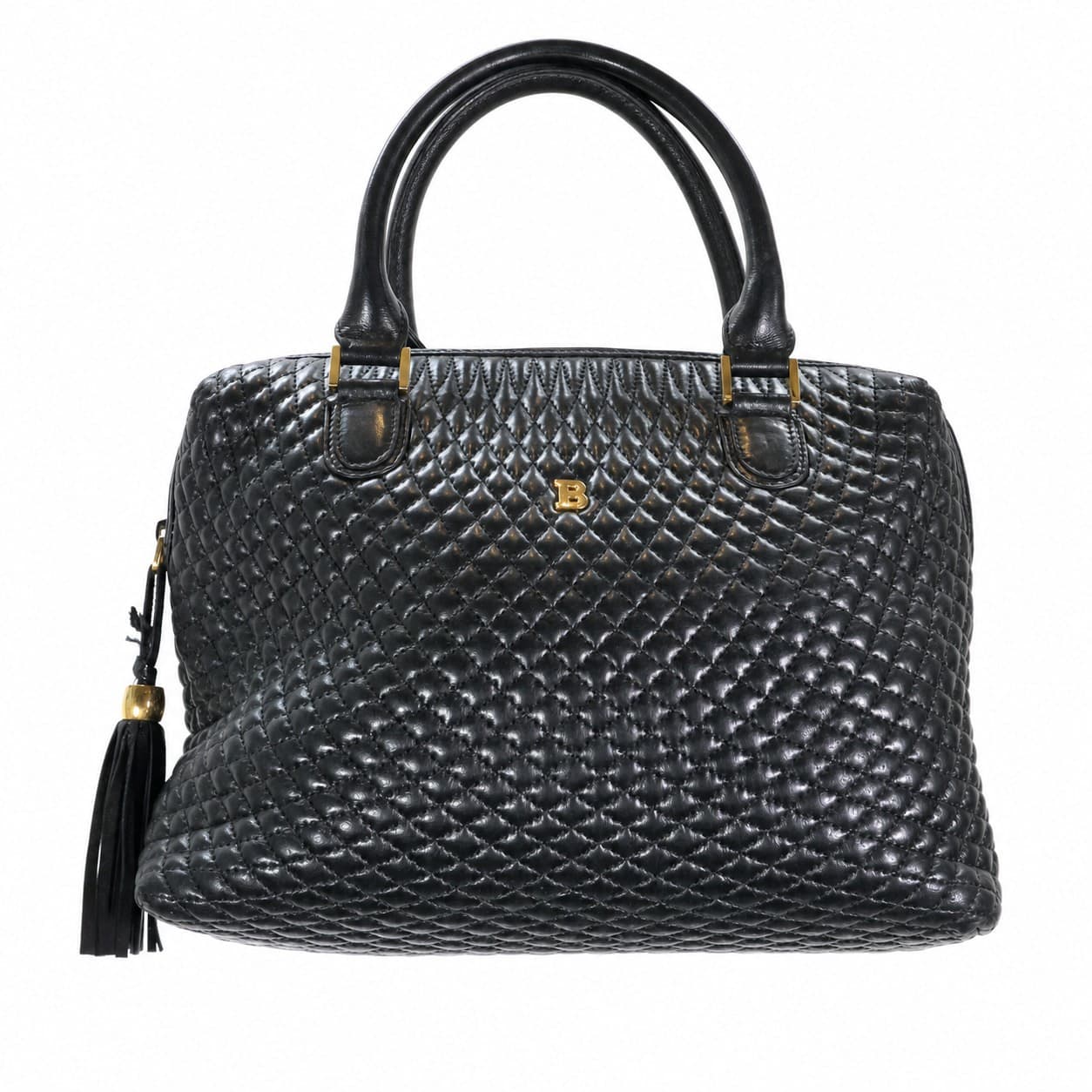 Bally Quilted Leather Top Handle Bag Handbag Purse Satchel Black Gold Hardware handbags auction on bidia.ai