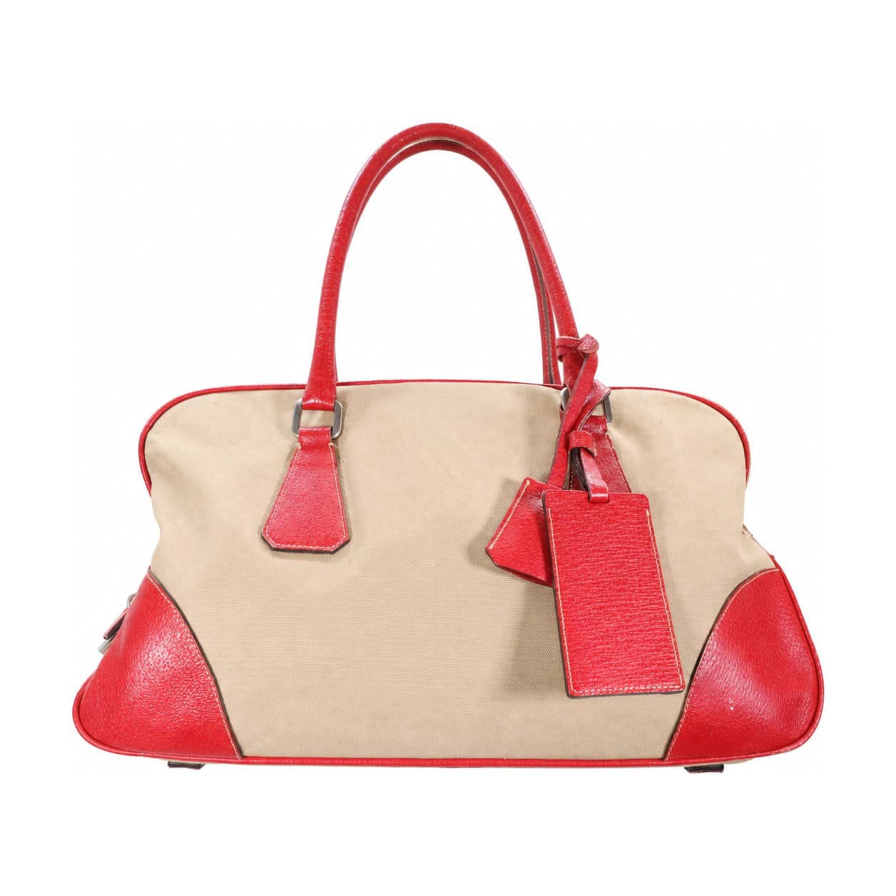 Prada Canvas Leather Bowling Bag Dome Handbag Purse Beige Red Top Handle handbags auction on bidia.ai