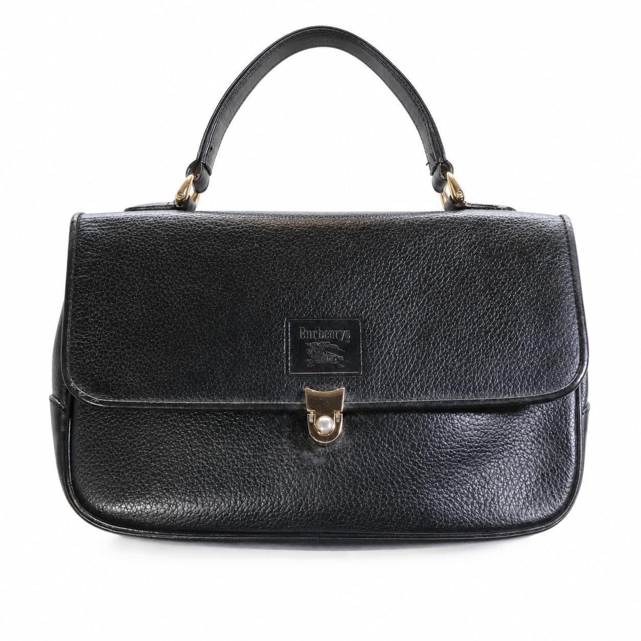 Burberrys Black Pebbled Leather Top Handle Handbag Purse Bag Equestrian Knight handbags auction on bidia.ai