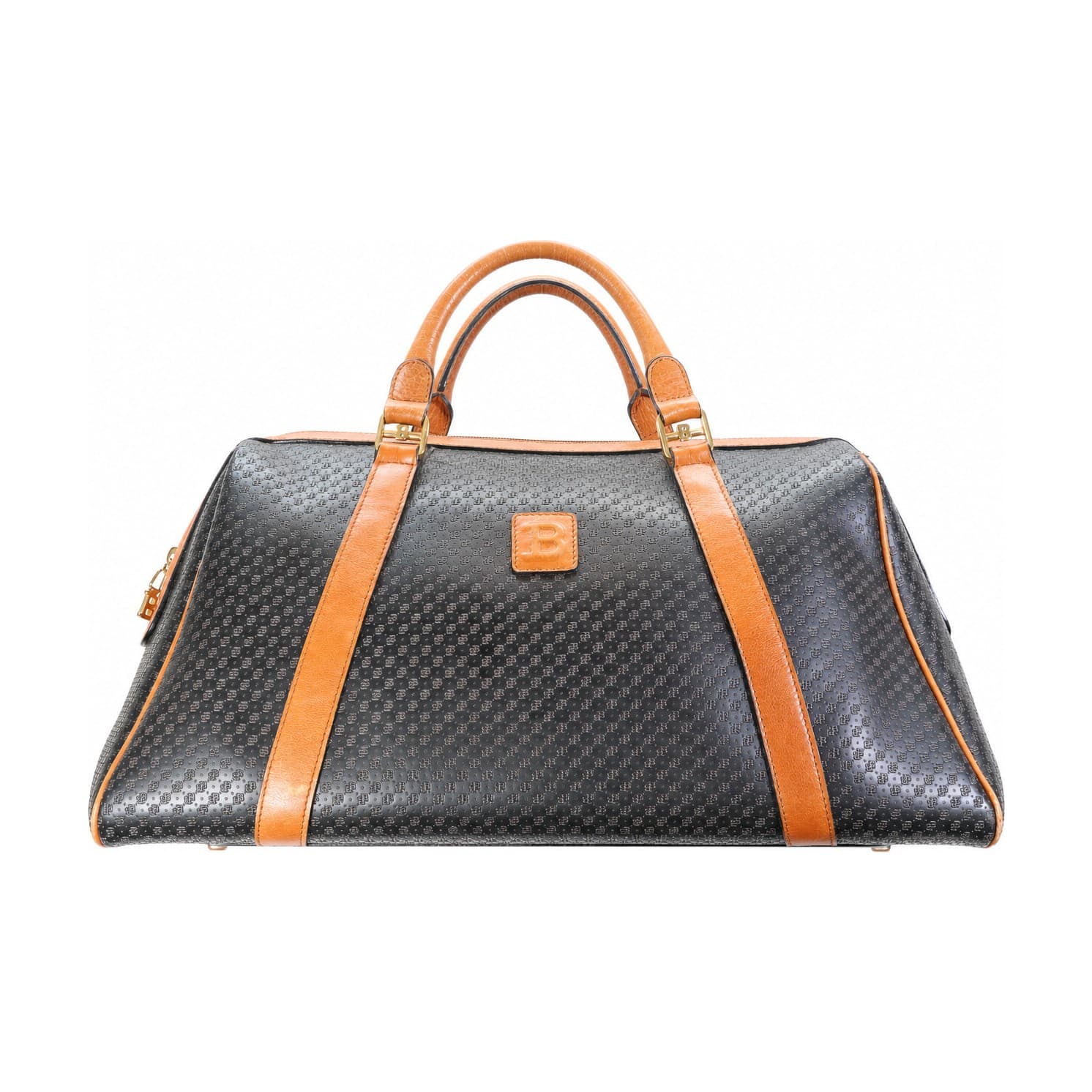Bally Monogram Canvas Leather Duffle Travel Bag Doctor Bag Handbag Black Tan handbags auction on bidia.ai