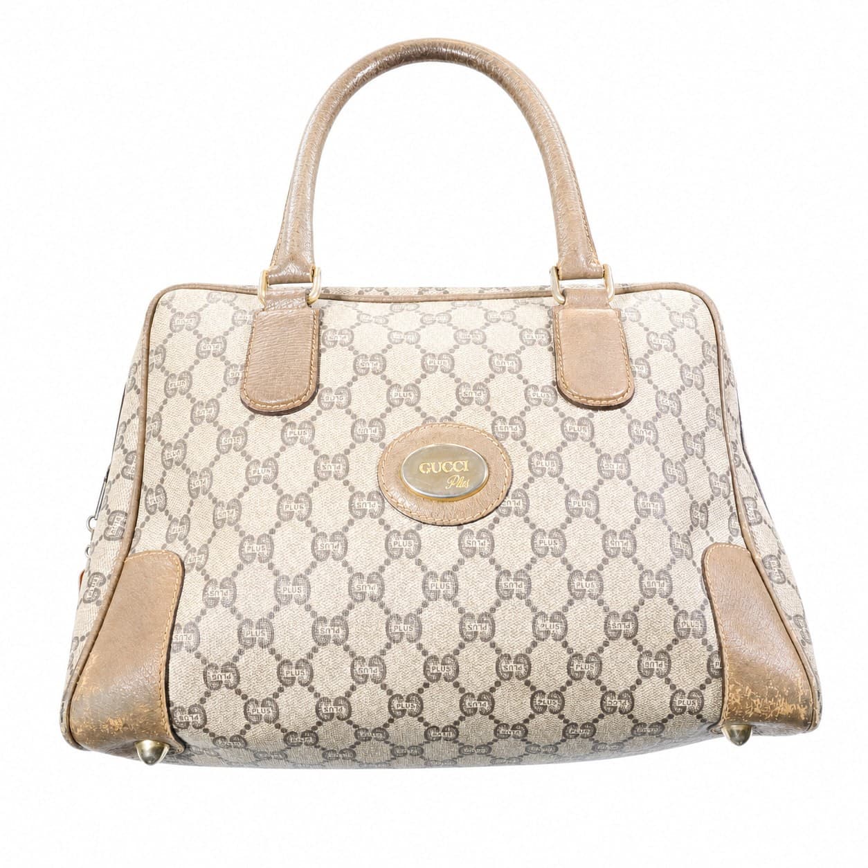 Gucci Plus GG Monogram Canvas Leather Beige Satchel Handbag Purse Bag Top Handle handbags auction on bidia.ai