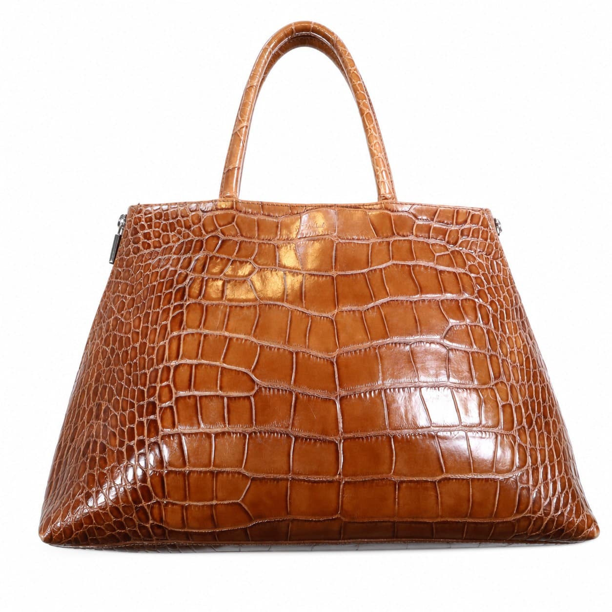 Furla Croc Embossed Leather Tote Handbag Purse Bag Top Handle Cognac Brown handbags auction on bidia.ai