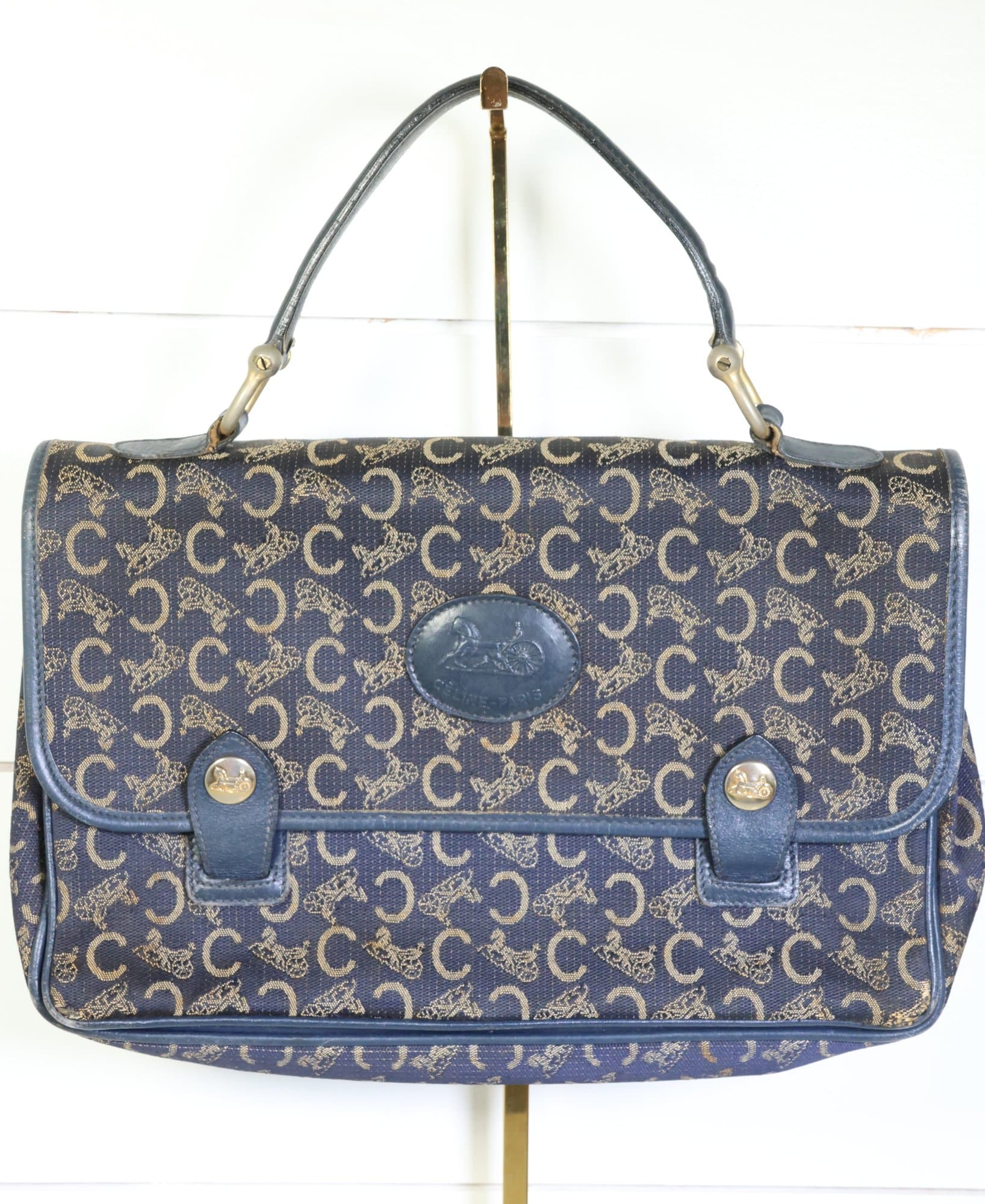 CELINE C Sulky Canvas Top Handle Handbag Navy Monogram Leather Purse Clothing & Fashion Accessories auction on bidia.ai